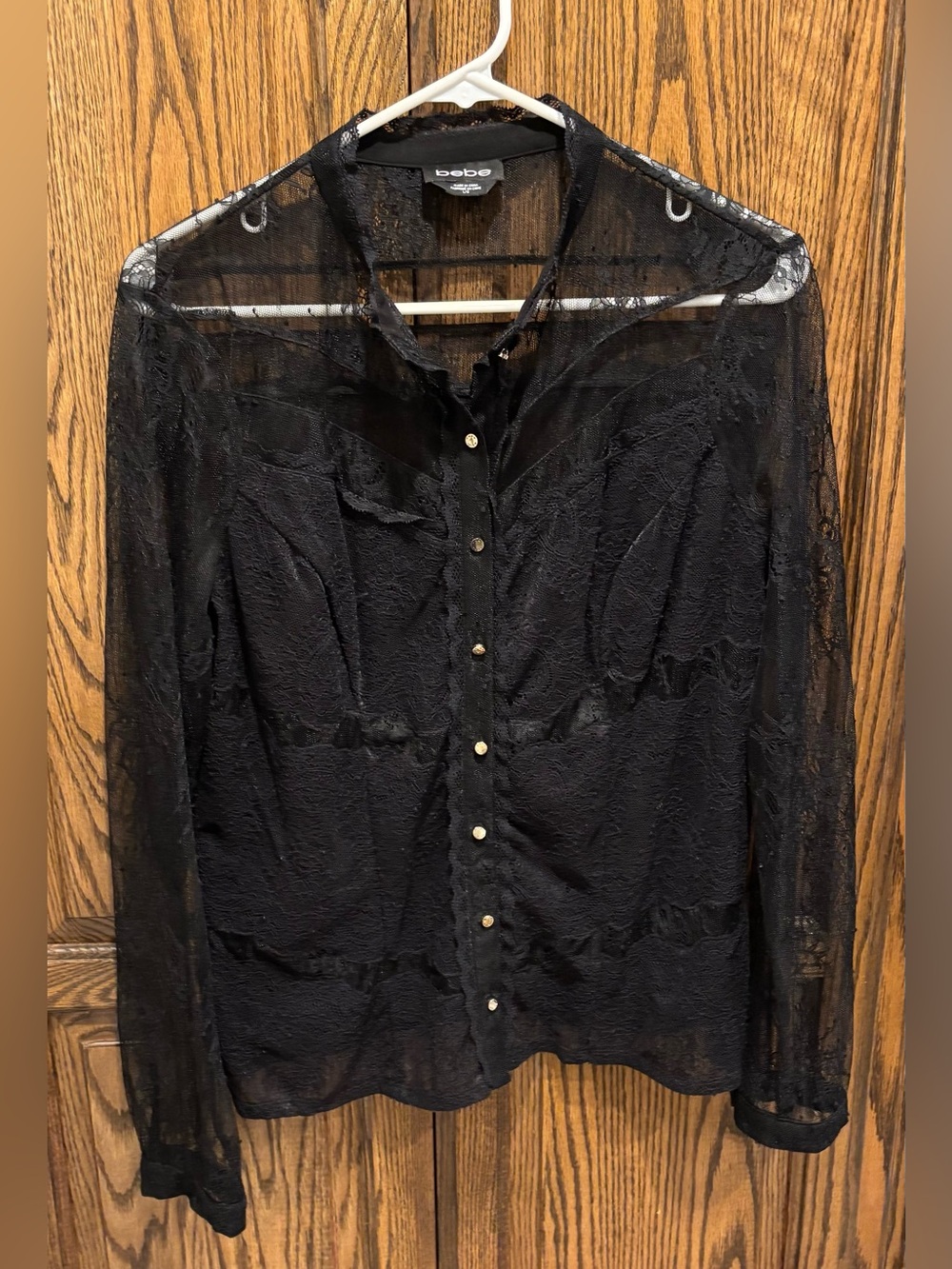 NWT bebe Sheer Black Lace Button-Up Blouse